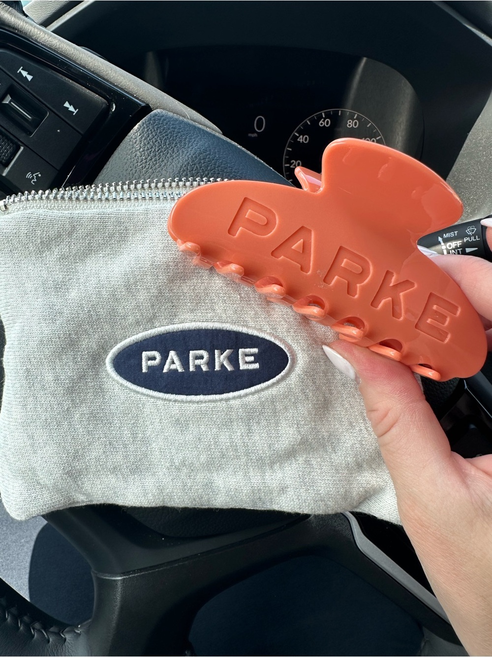 PARKE!! Orange claw clip with the blue/gray denim pouch